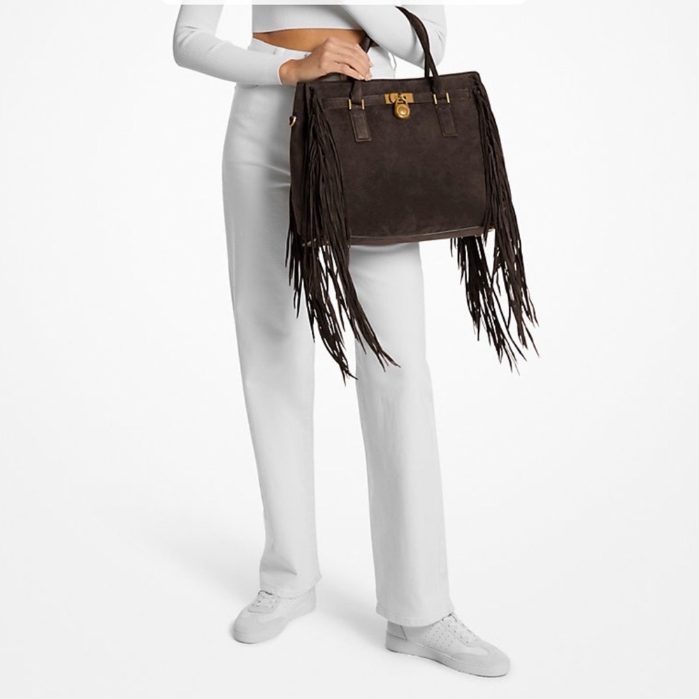 Michael Kors Dark Brown Suede Fringe Satchel with Gold Hardware - Picture 3 of 5